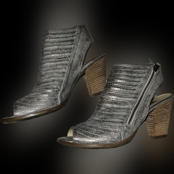 Paul Green Leather Pewter Stacked Sandals Zip Enry Size 6.5 Very Lightly Worn - Picture 7 of 14